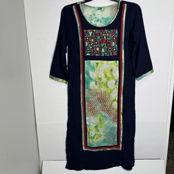 Women’s Indian Kurti Tunic Dress XL Blue Green Embroidered Ethnic Boho Bollywood - Picture 2 of 9
